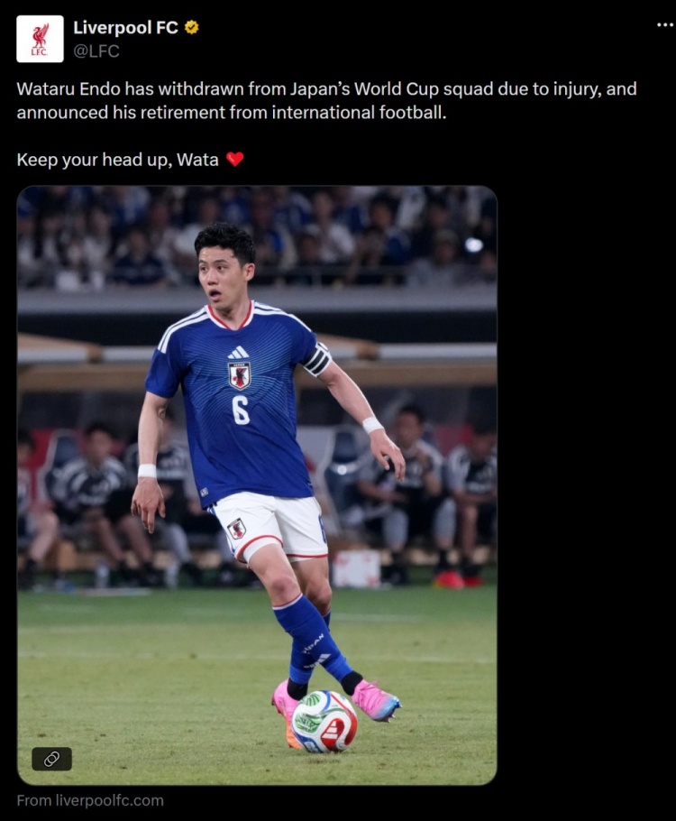远藤航伤别世界杯并退出国家队，利物浦社媒：振作起来