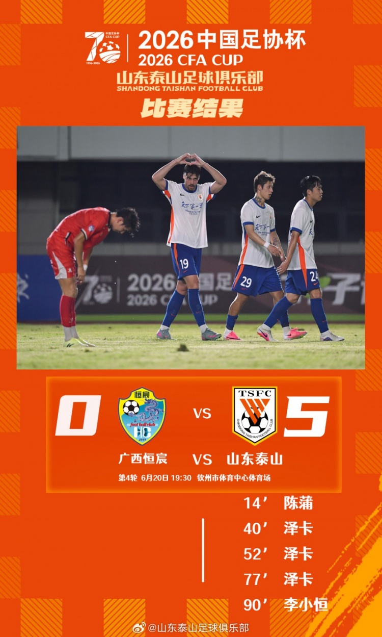 山东泰山5-0横扫广西恒宸 泽卡戴帽陈蒲李小恒破门 山东泰山5-0横扫广西恒宸 泽卡戴帽陈蒲李小恒破门