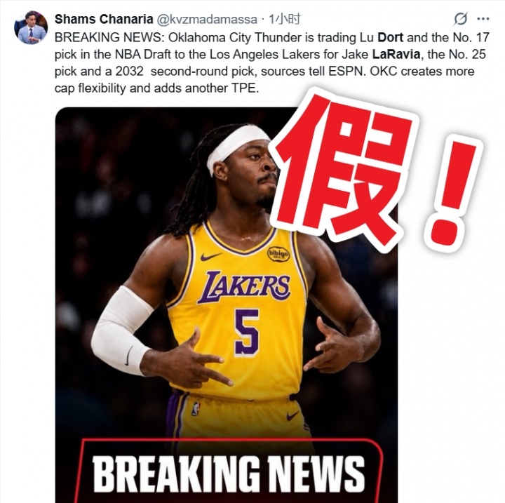 假Shams炮制湖人交易流言:拉拉维亚换多特系AI造假 假Shams炮制湖人交易流言:拉拉维亚换多特系AI造假