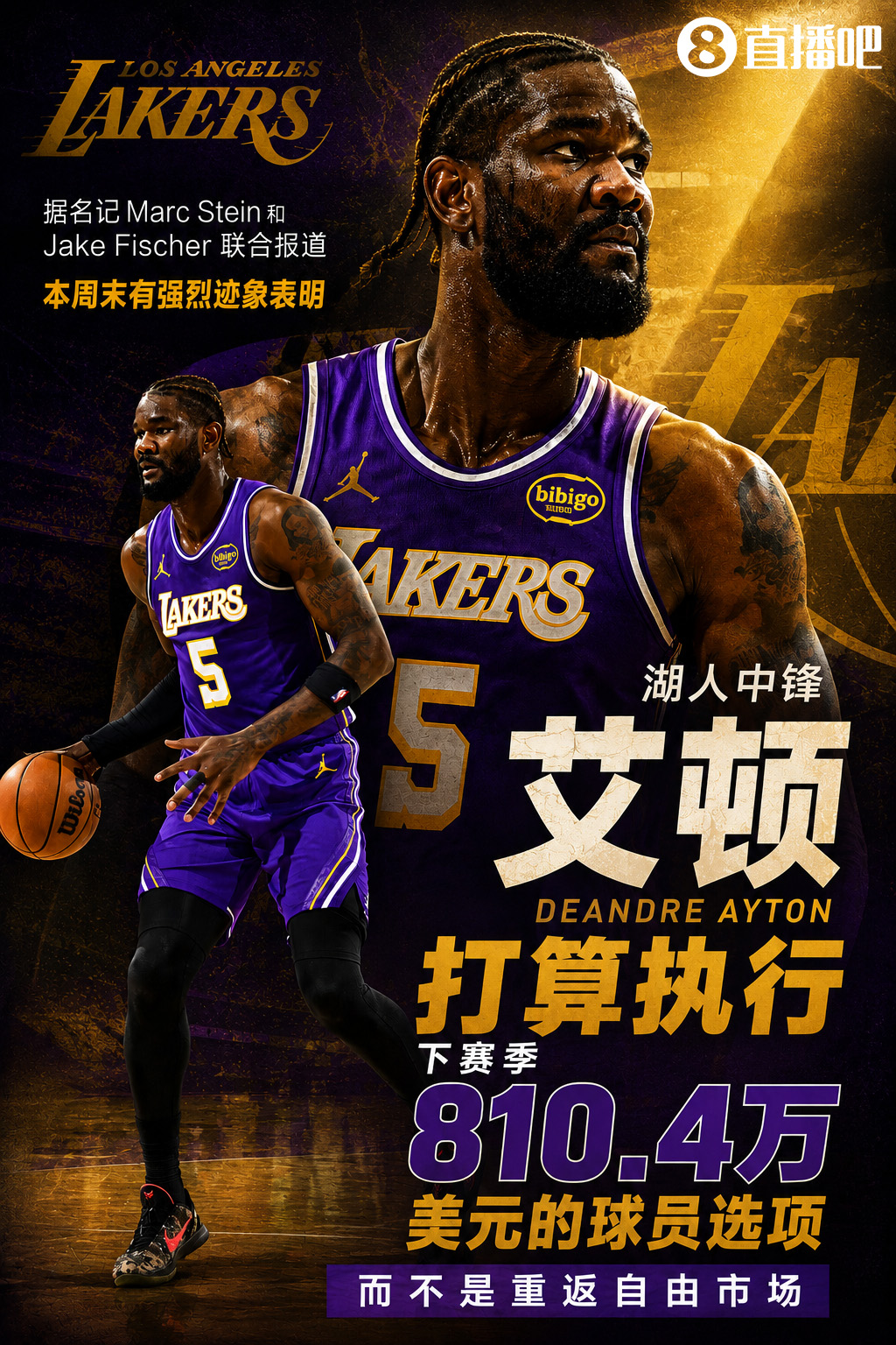 双名记联合报道：艾顿倾向执行810.4万球员选项留守湖人