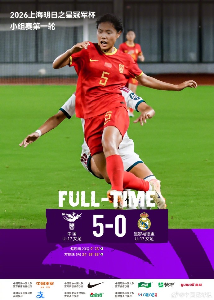 中国U17女足5-0皇马U17 方珍珠戴帽赵思晴双响 中国U17女足5-0皇马U17 方珍珠戴帽赵思晴双响